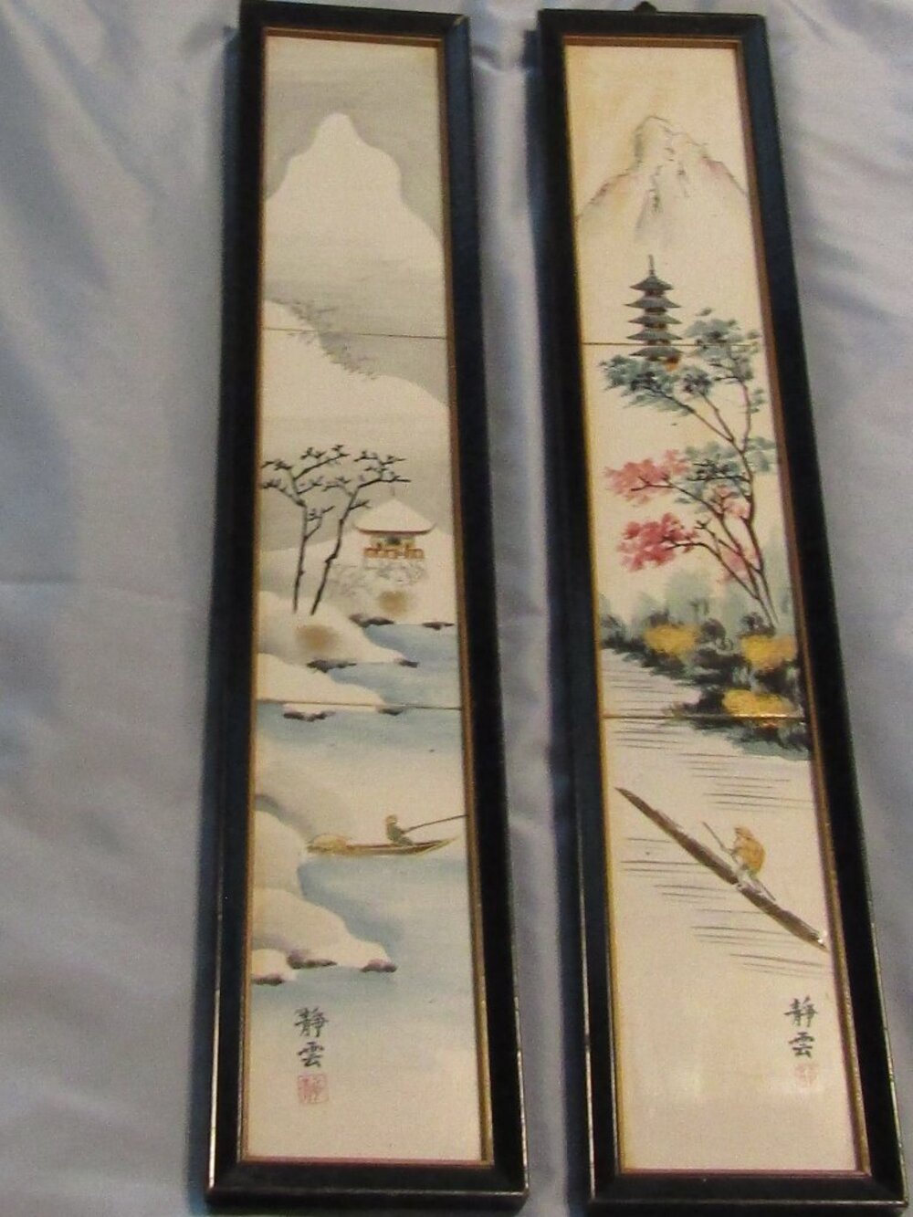 2 Vintage Hand-Painted Japanese Framed Triptych 3 Tiles Mt. Fuji Signed SEIUN